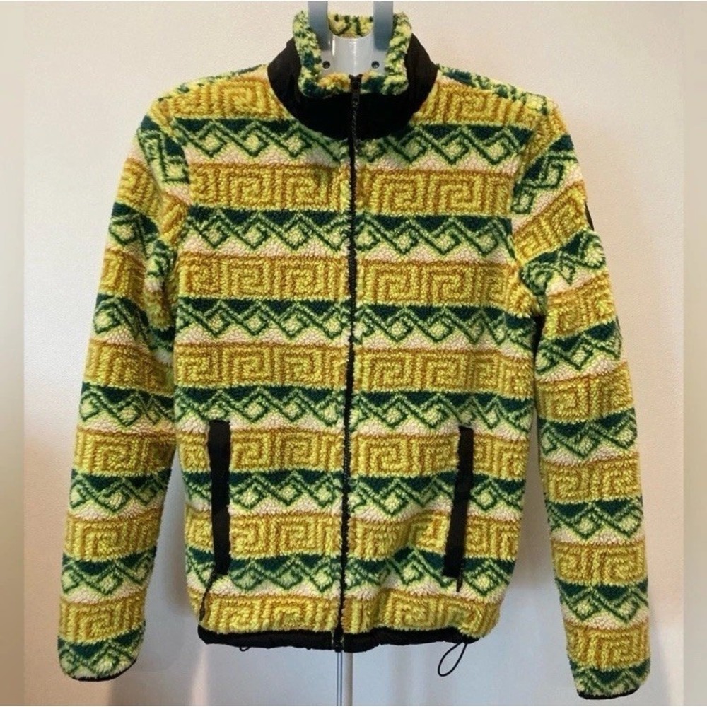 Y2K American Eagle Green Yellow Fleece Jacket Tribal Geometric Greek Key Aztec